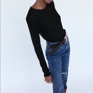 Zara Padded Shoulder Long Sleeve Knit Top Black Size M